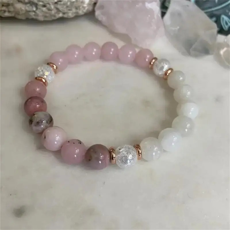 Summer Versatile White Quartzite Pink Opal Love Beaded Couple Matching Bracelet
