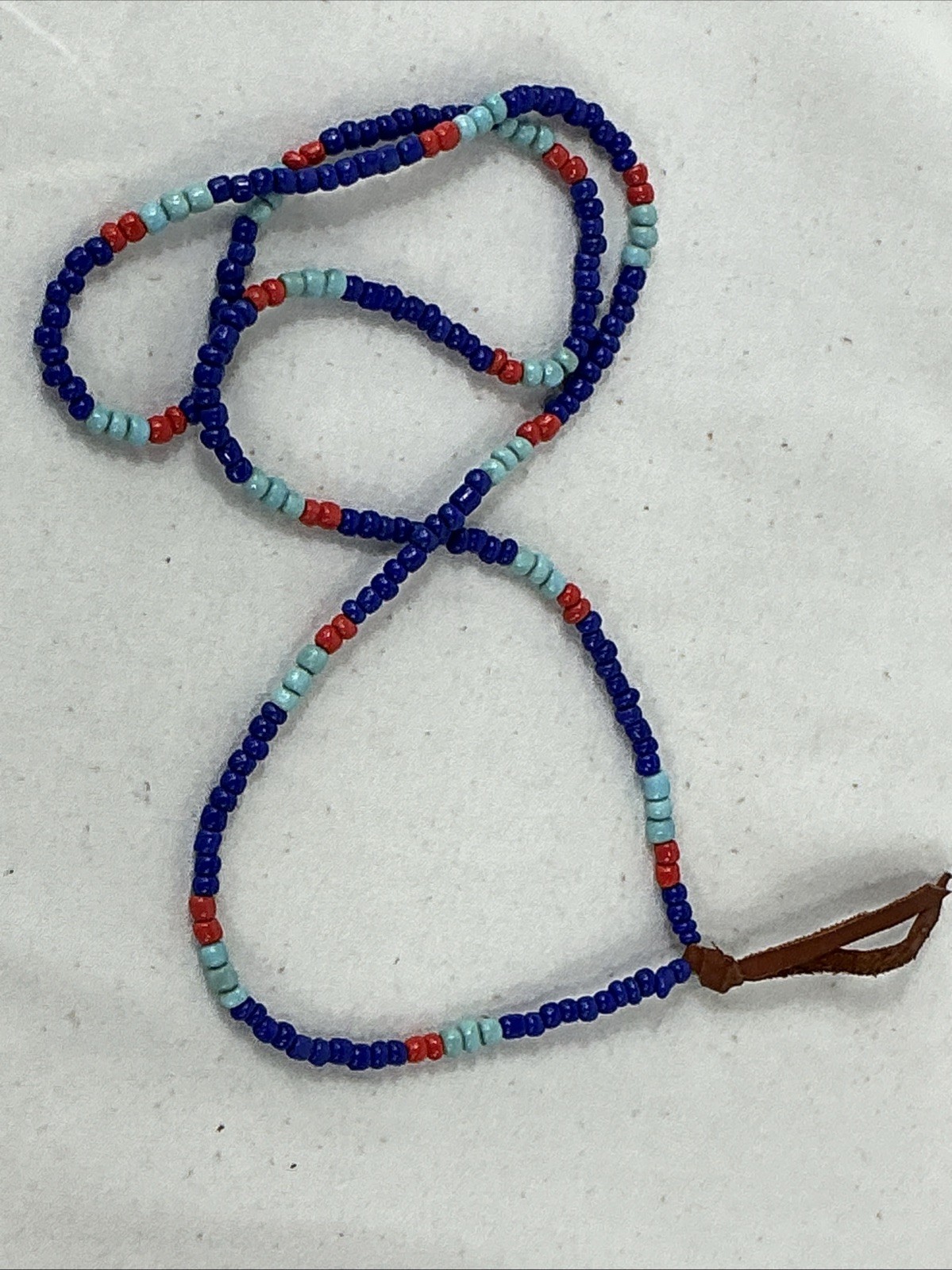 RTH Blue & Red Glass Beaded Leather Knot Necklace 28” Length