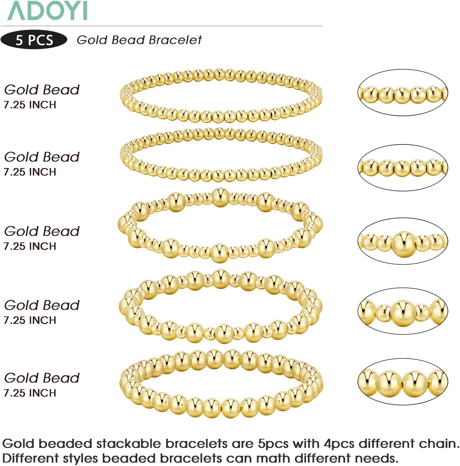 Gold Bracelets for Women Waterproof, 14K Gold Plated Beaded Strand Bead Ball Bra