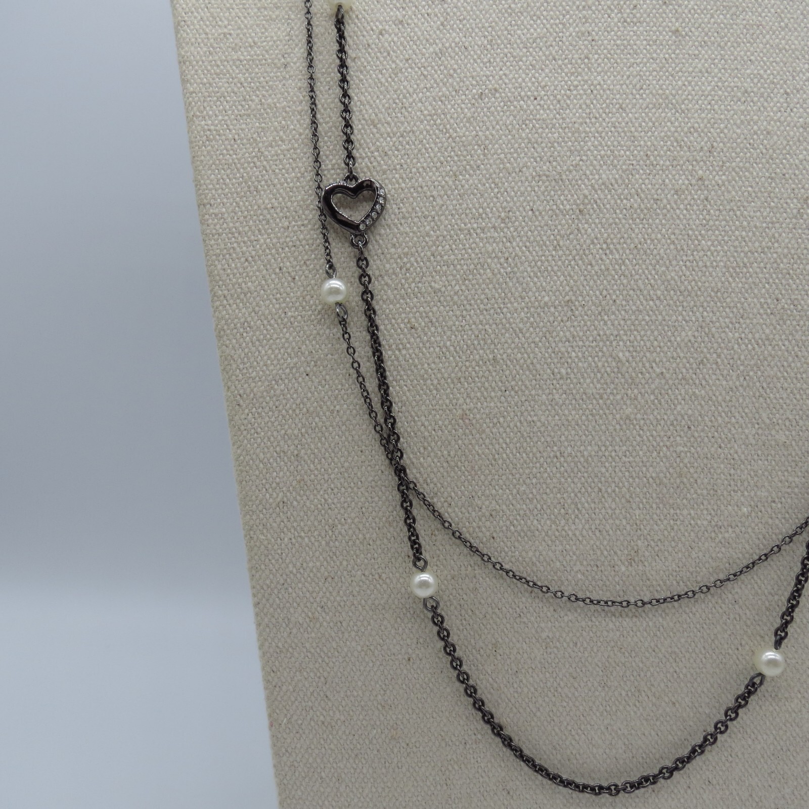 Black Heart Chain Necklace Rhinestone Faux Pearl Everyday Wear 28″