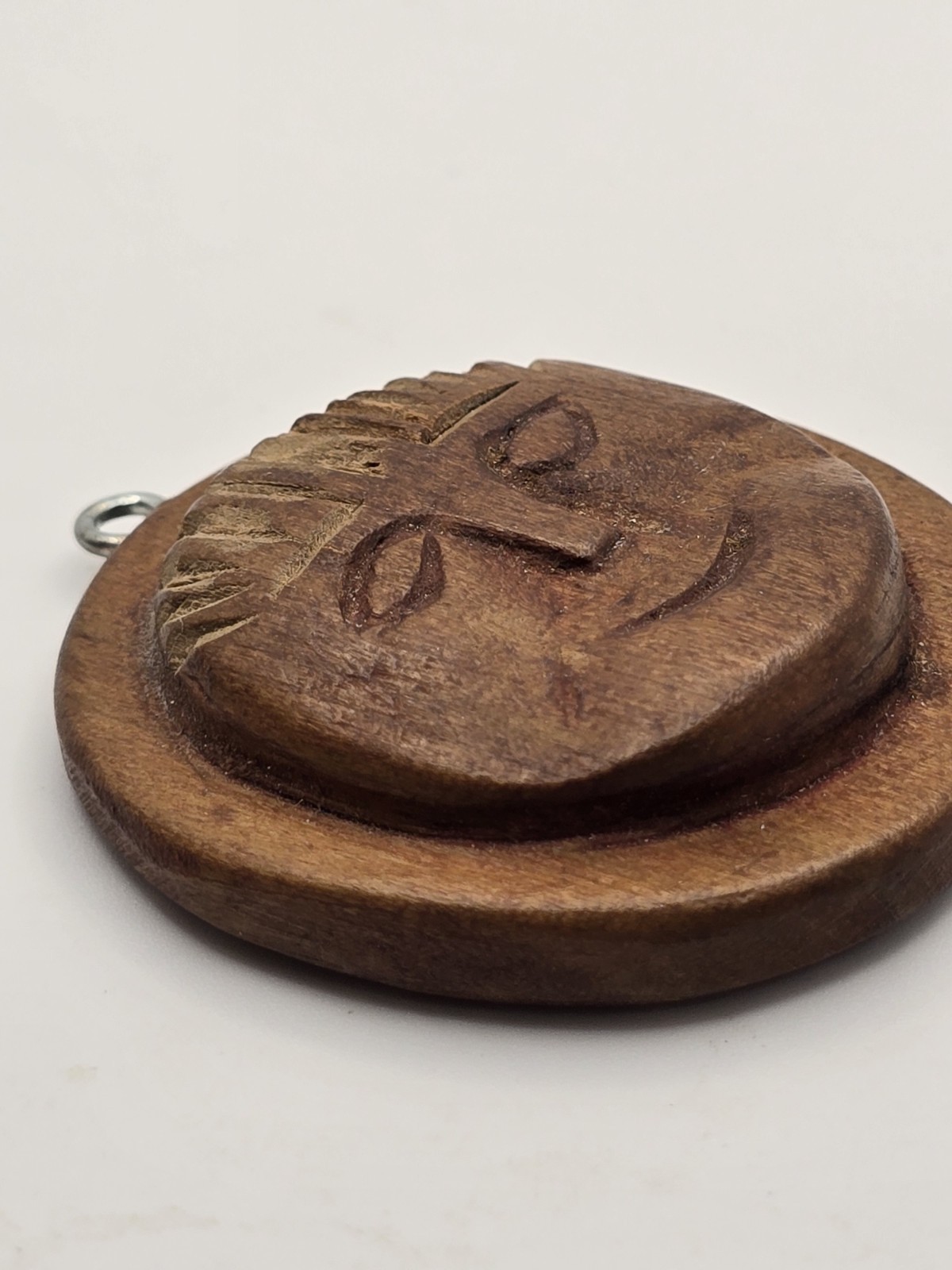 Vintage Handmade Folk Art Carved Wood Relief Wooden Moon Face Necklace Pendant