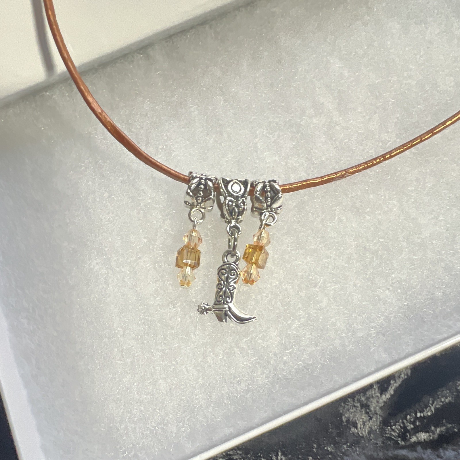 Necklace, cowboy boots, Silver, bronze, leather crystals, lobster, claw clasp