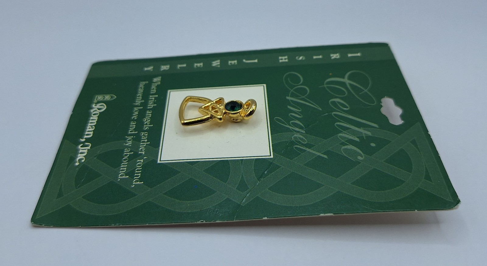 Roman Inc. Celtic Angel Irish Jewelry Pin Green Emerald Celtic Knot Angel NEW