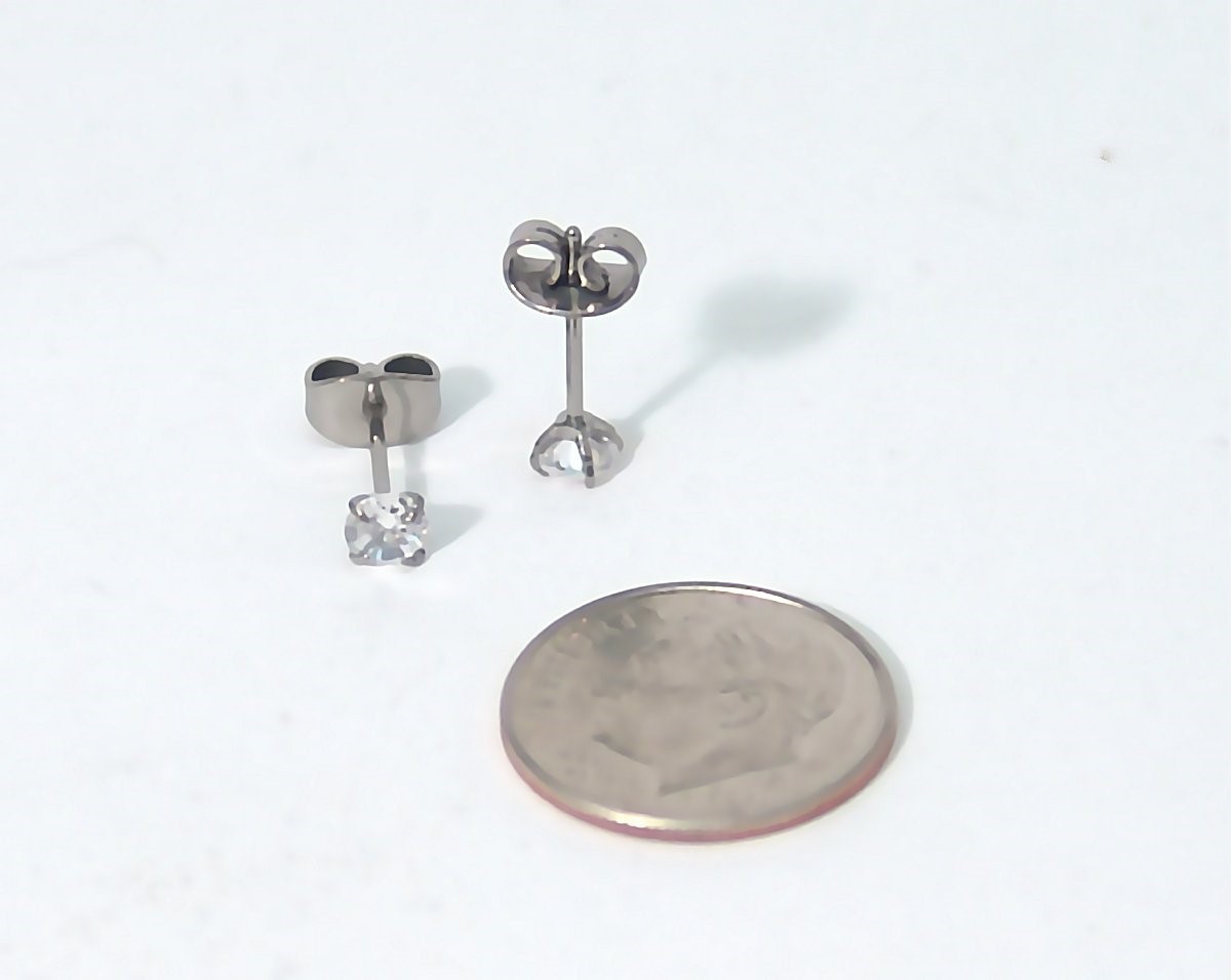 Implant Grade Titanium Stud Earrings Hypoallergenic 4mm Pair Cubic Zirconia