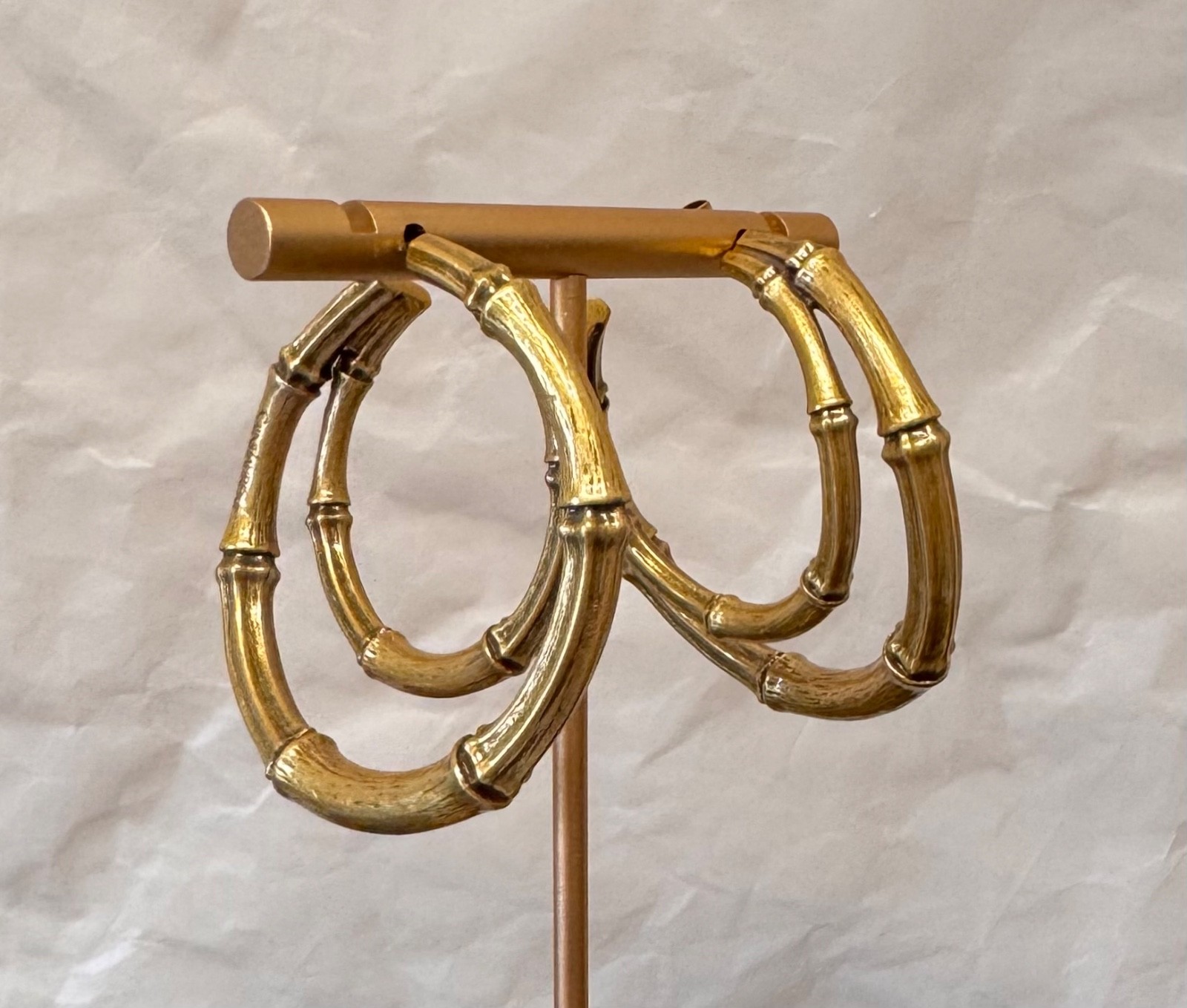 Saint Laurent YSL Bamboo Hoop Earrings Gold Tone Hoops # 564
