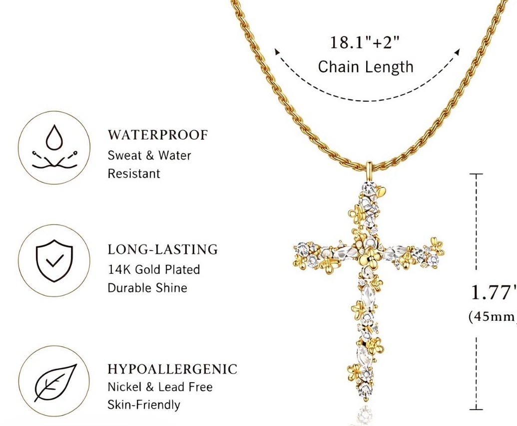 14k Gold Plated Cross Pendant Necklace, Rhinestone Cluster Rope Chain 18.1+2 in