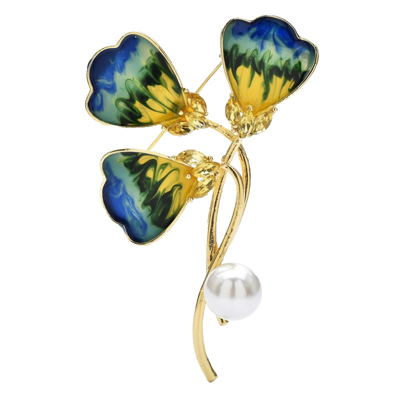 Enamel Flower Brooch Pin Blue Yellow Pearl Accent Floral Jewelry Accessory