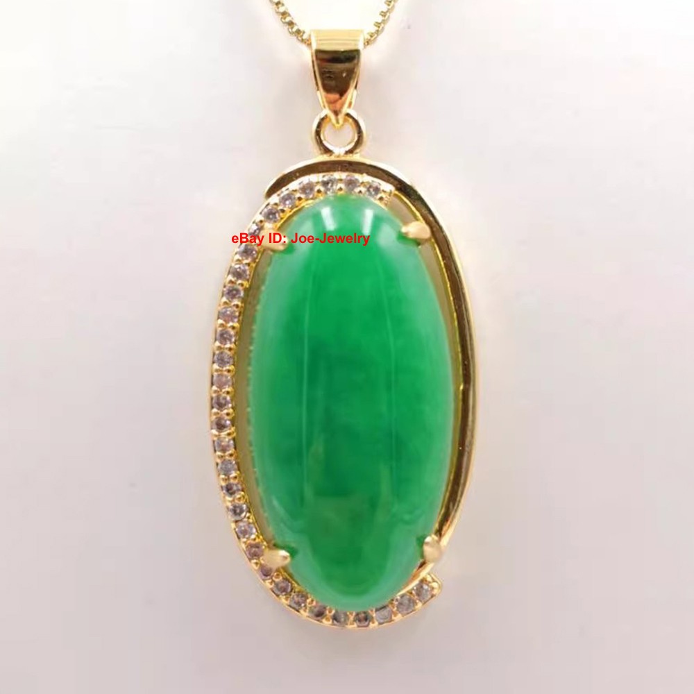 New Yellow Plated Alloy Heated Oval Green Jade Pendant 45mm H Bright