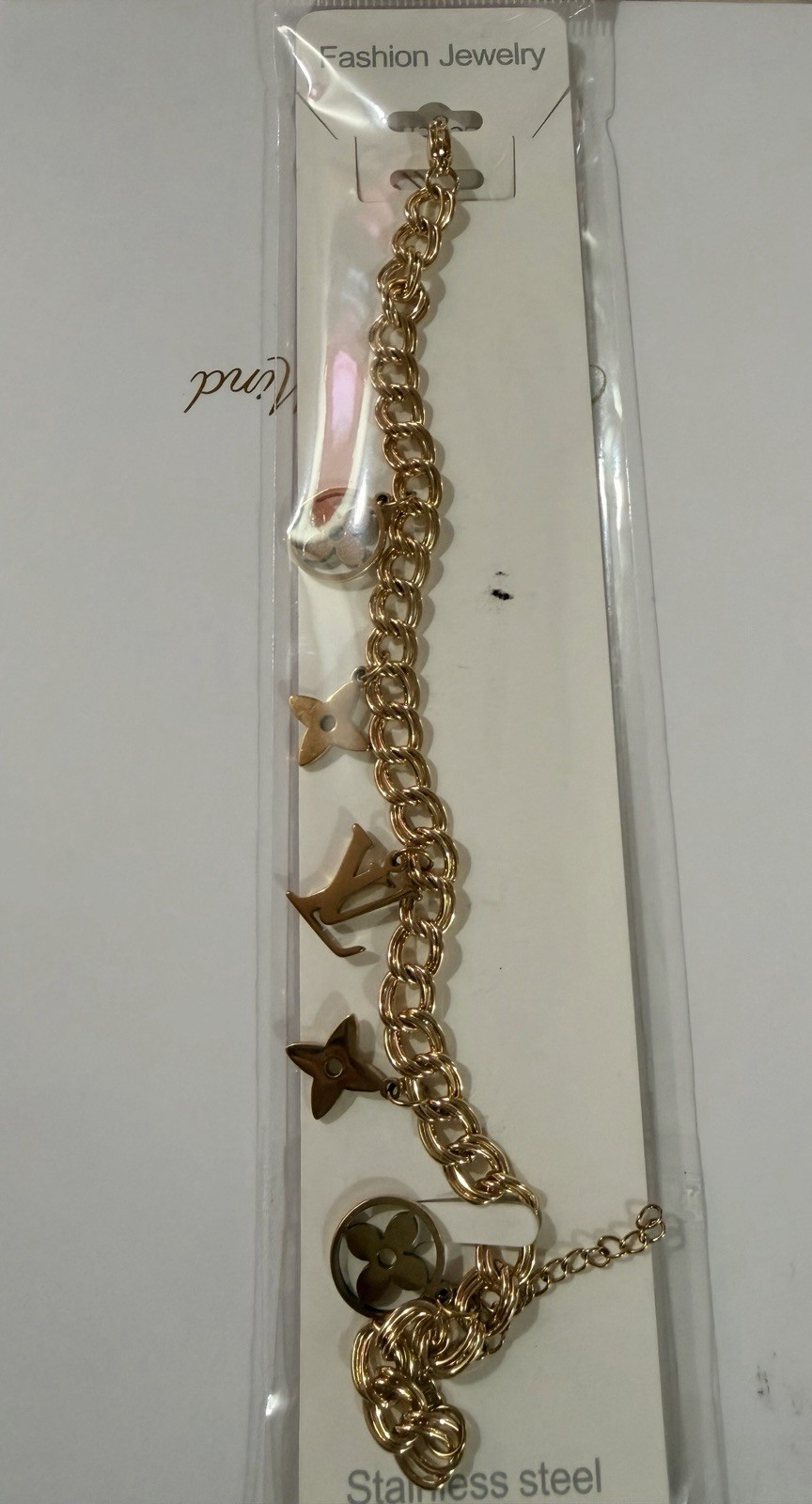 Gold Tone Stainless Steel Cable Chain Dangle Charm Bracelet Lobster Clasp