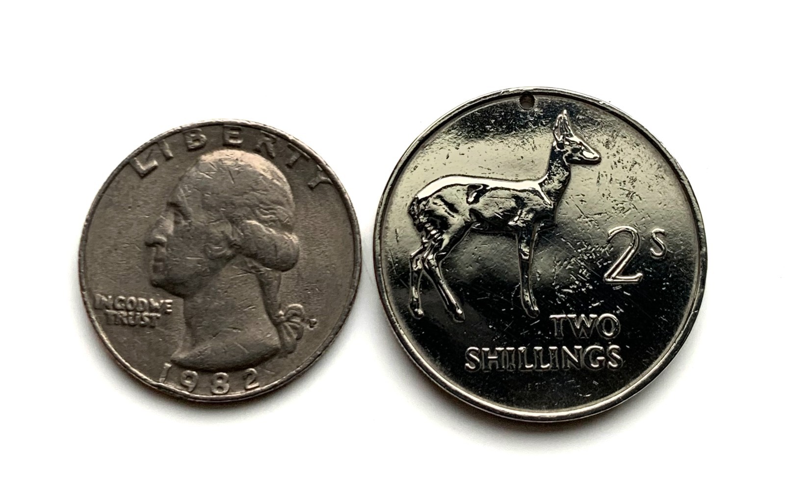 1966 Zambia 2 coin pendant Bohor Reedbuck antelope Kenneth Kaunda Lusaka n003913