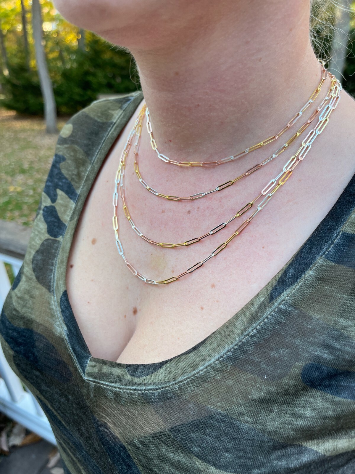 Real Paperclip Chain Necklace Tri Color Yellow Rose Gold Plated 925 Silver