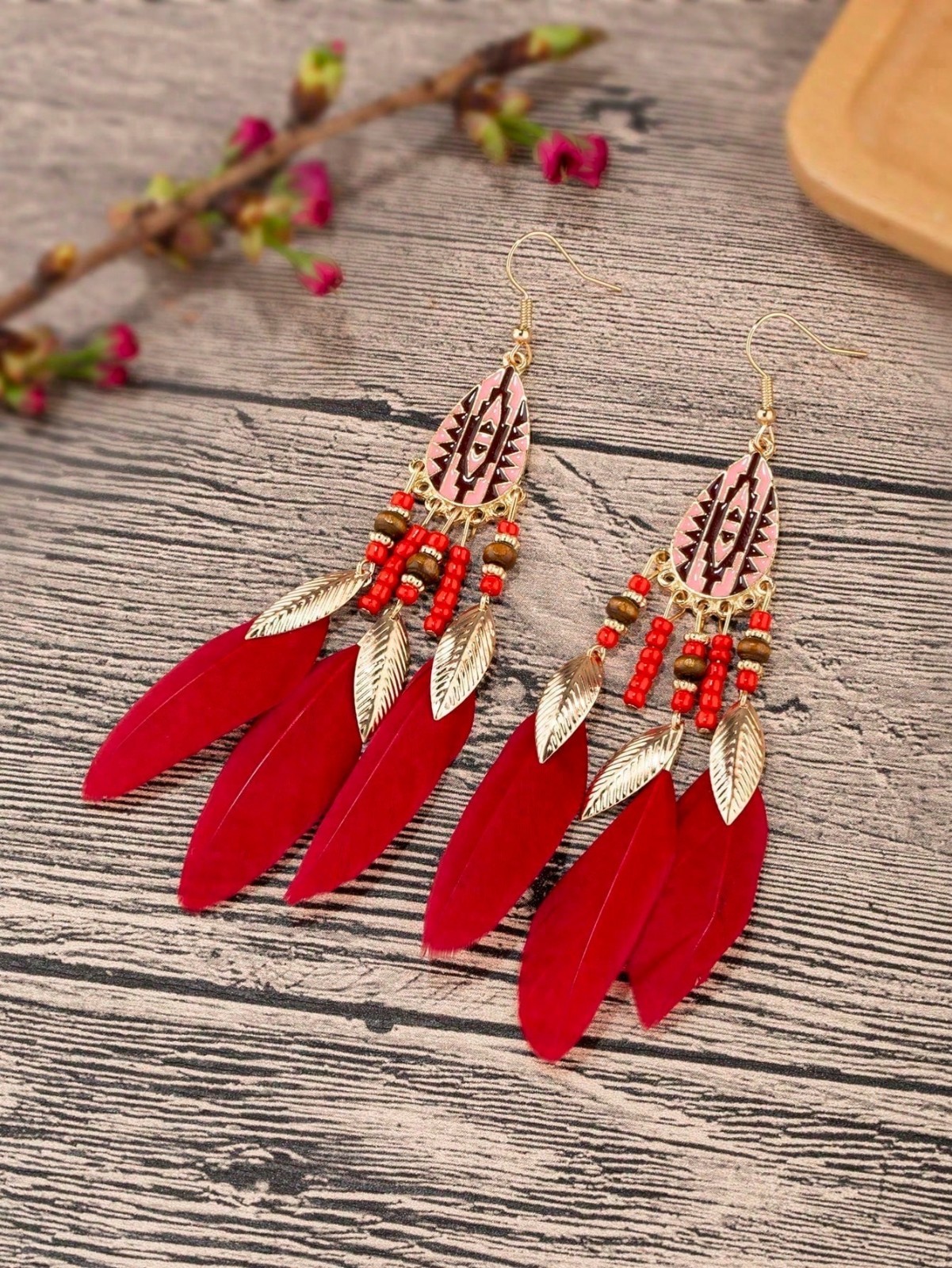 Handmade Bohemian Charm Colorful Feather Retro Design Beaded Long Earrings Women