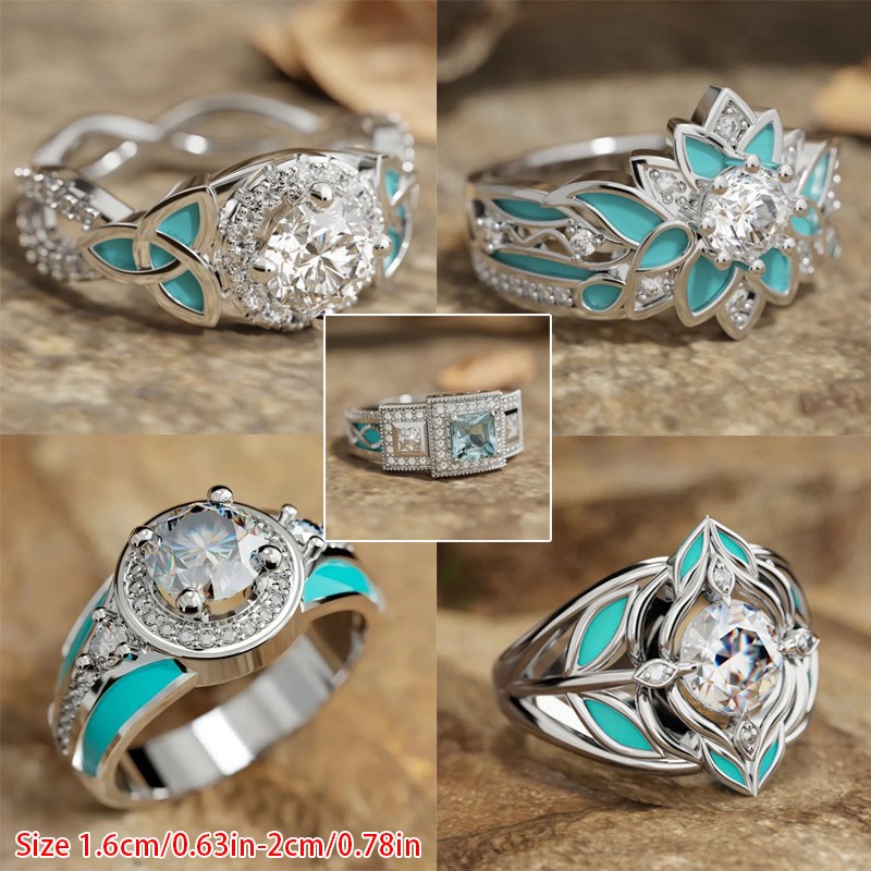 5Pcs Boho Turquoise Zircon Rings Set for Women Fashion Daily Jewelry Gift