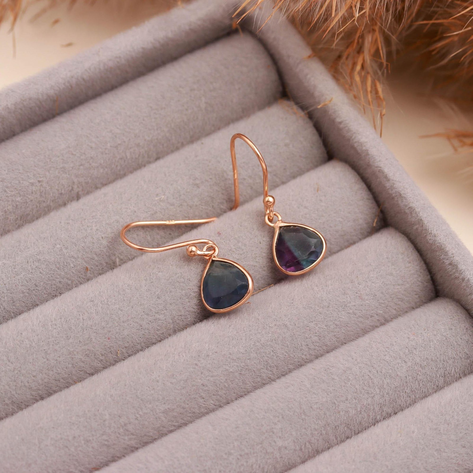 Natural Fluorite Heart Dangle Earrings Rose Gold Plated 925 Sterling Silver