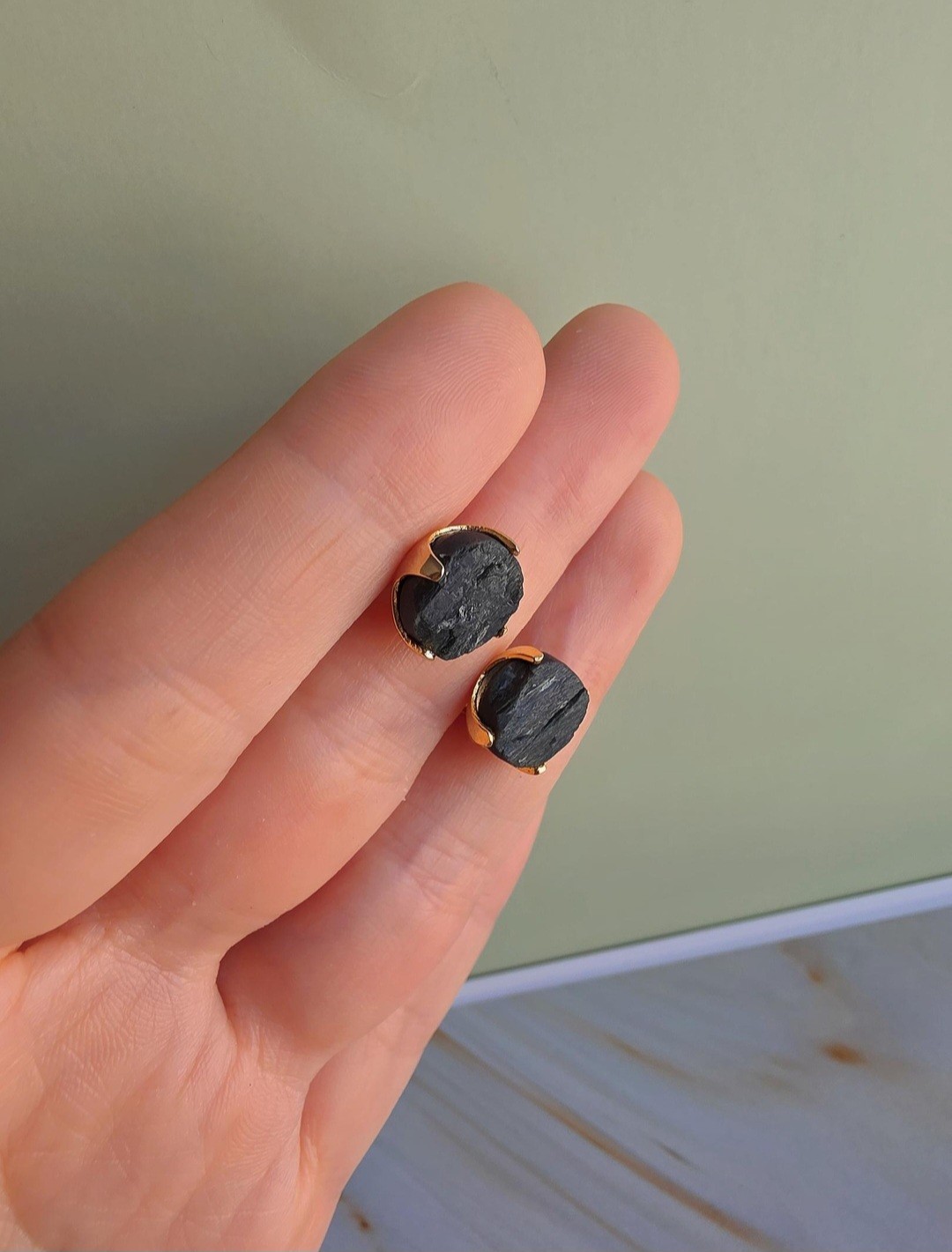 Black Tourmaline Gold Stud Earrings 18K Plated Healing Protection Gift