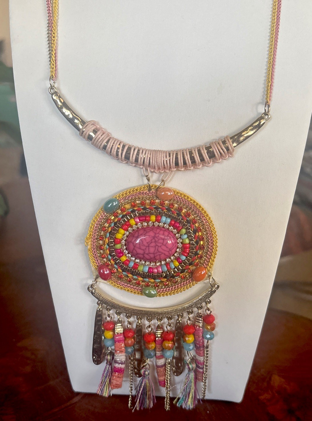 Boho Southwest Tassel Statement Necklace Colorful Beaded Bib Summer Color
