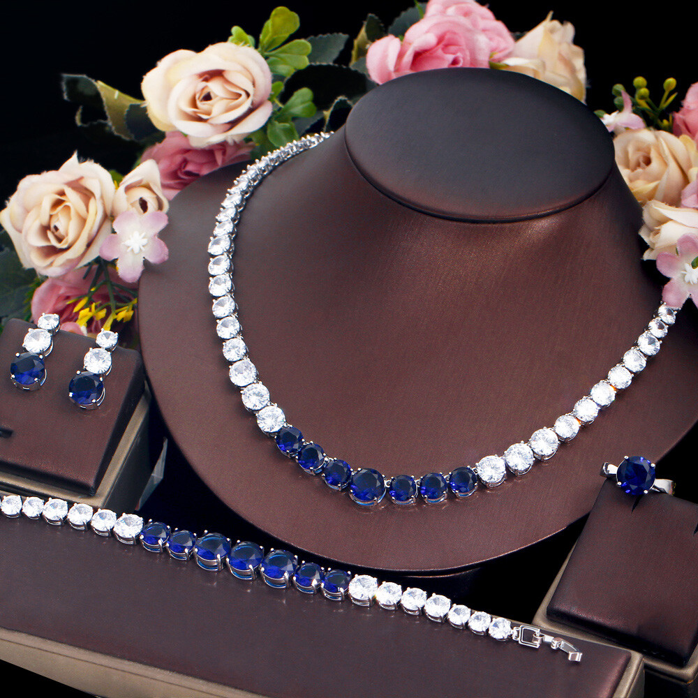Silver Plated CZ Yellow Big Round Wedding Jewelry Necklace Earrings Bracelet Set