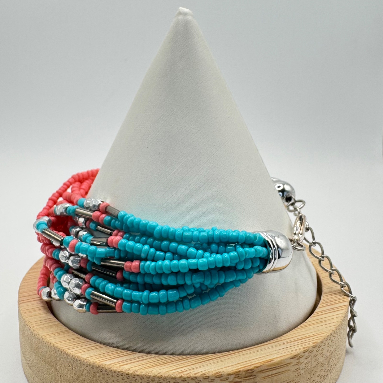 Vintage Boho Multi Strand Seed Bead Bracelet Turquoise Coral Pink Silver Tone