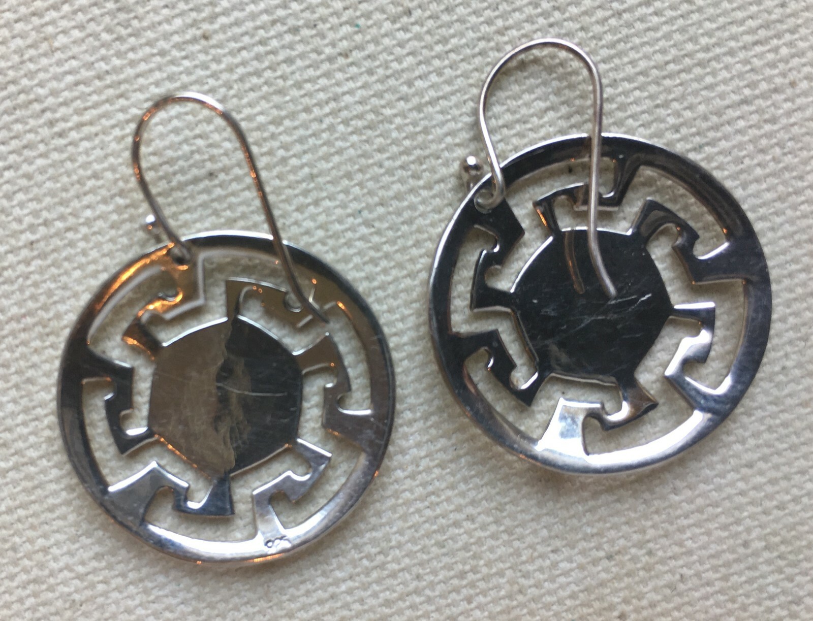 Greek Key Disk Earrings Sterling Modern Artisan Retro Bohemian Southwest 1.5″