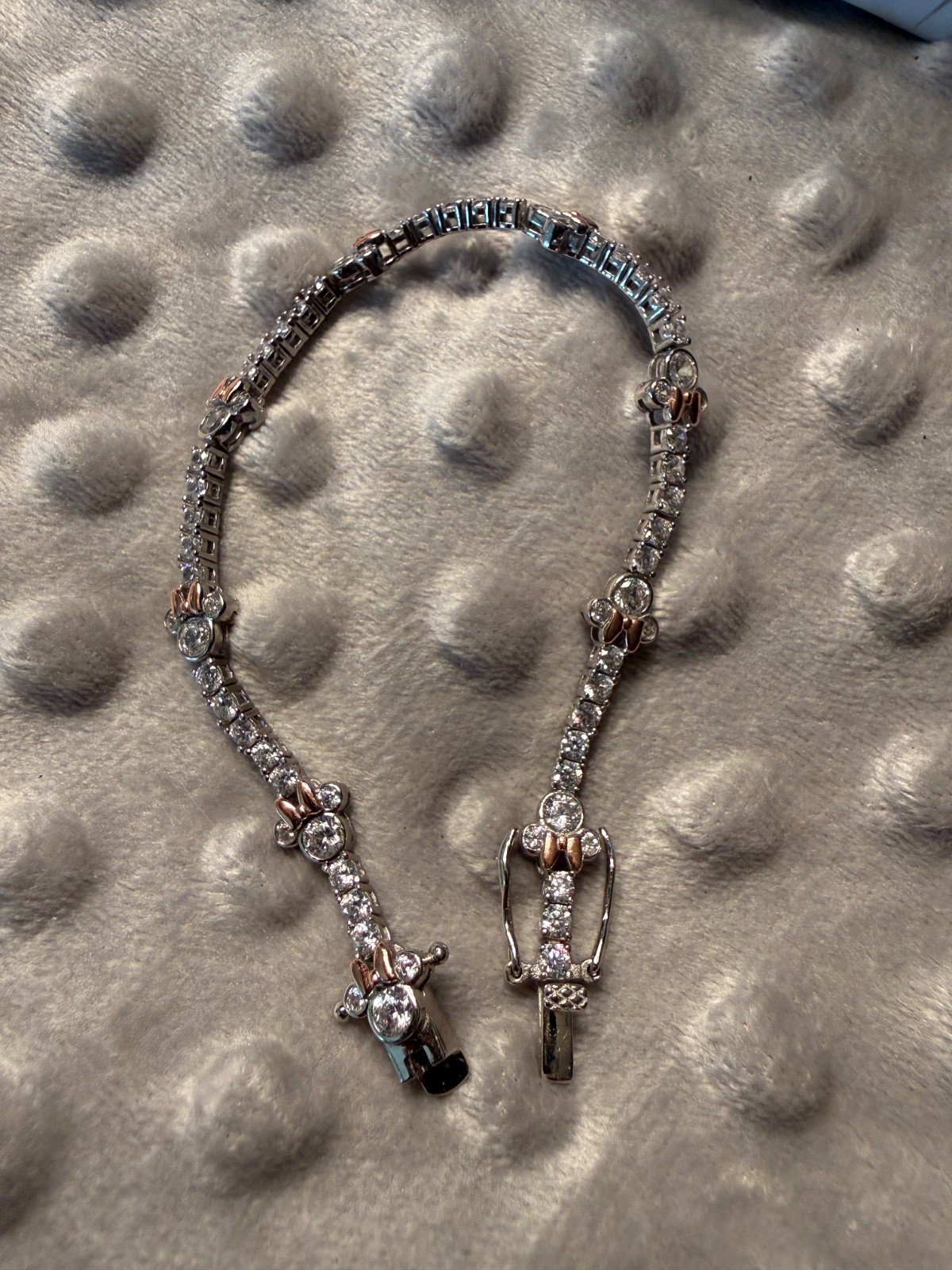 Diamonique Silver and Rose Gold Minnie Mouse Tennis Bracelet w/ Pouch and Box