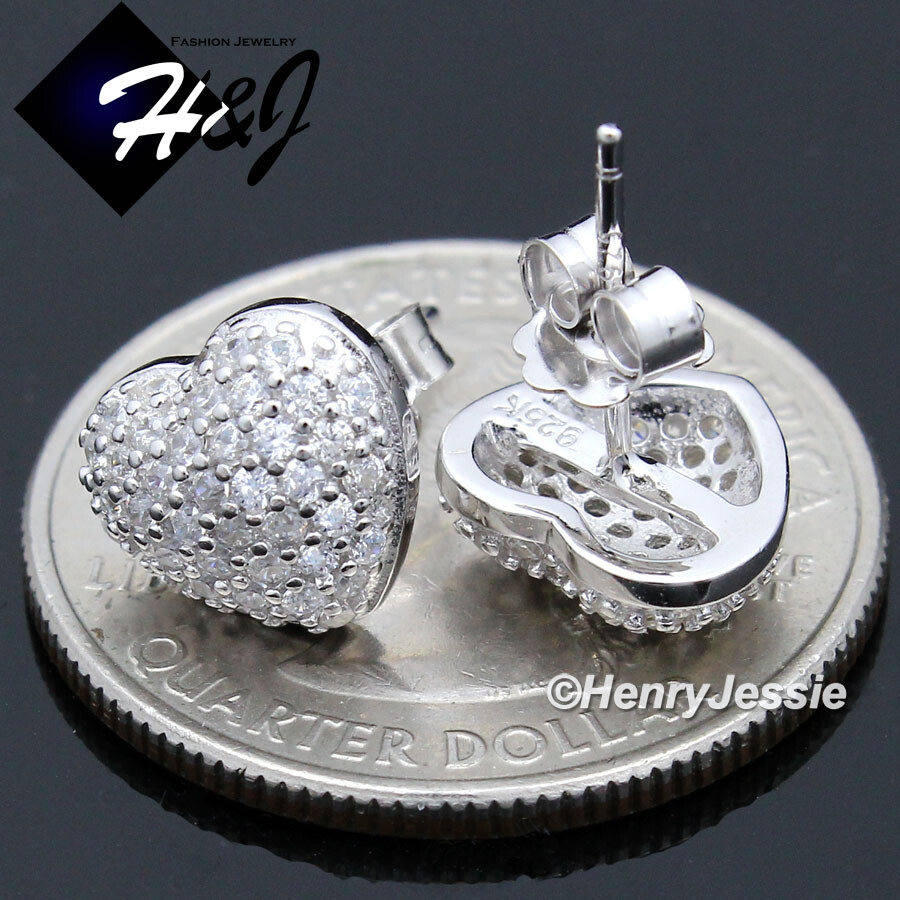 WOMEN 925 STERLING SILVER ICY BLING CZ 3D HEART SHAPE PUSH BACK STUD EARRING*165