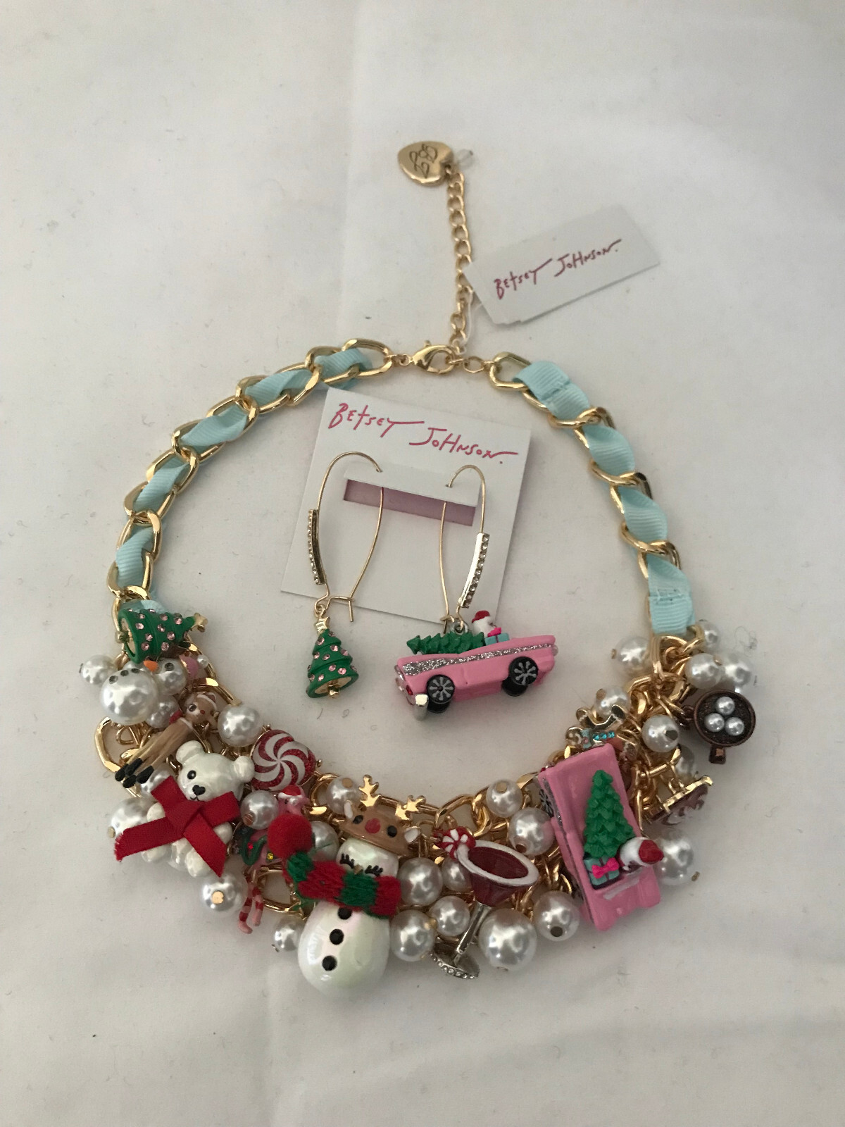 Betsey Johnson Christmas Tree Reindeer Snowman Statement Necklace Earrings New