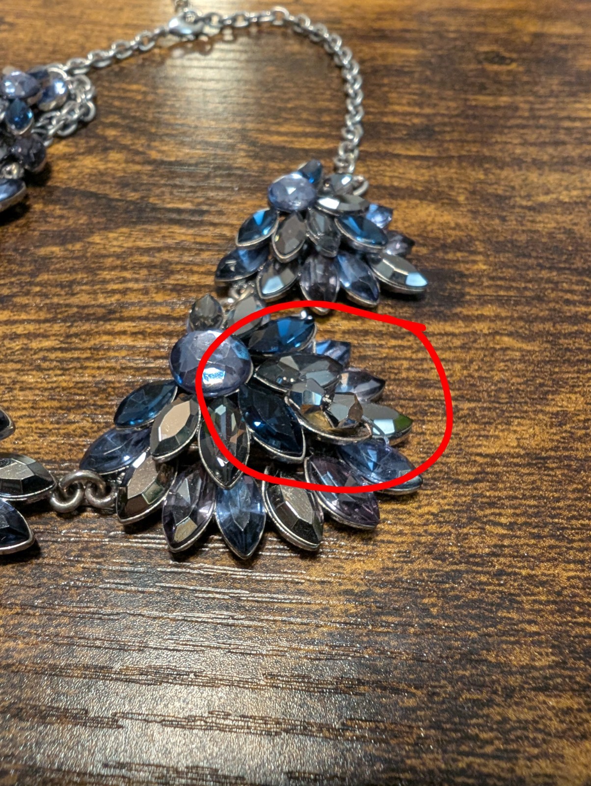 Navy Blue Crystal Marquise Flower 5 Cluster Statement Necklace Silver Tone