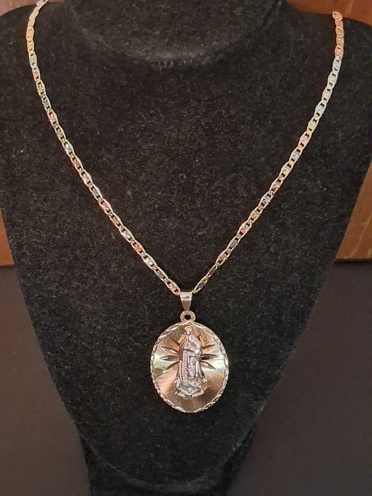 Virgin of Guadalupe Pendant, 24″ Valentino Link Chain, Gold-Plated & Tri-Tone