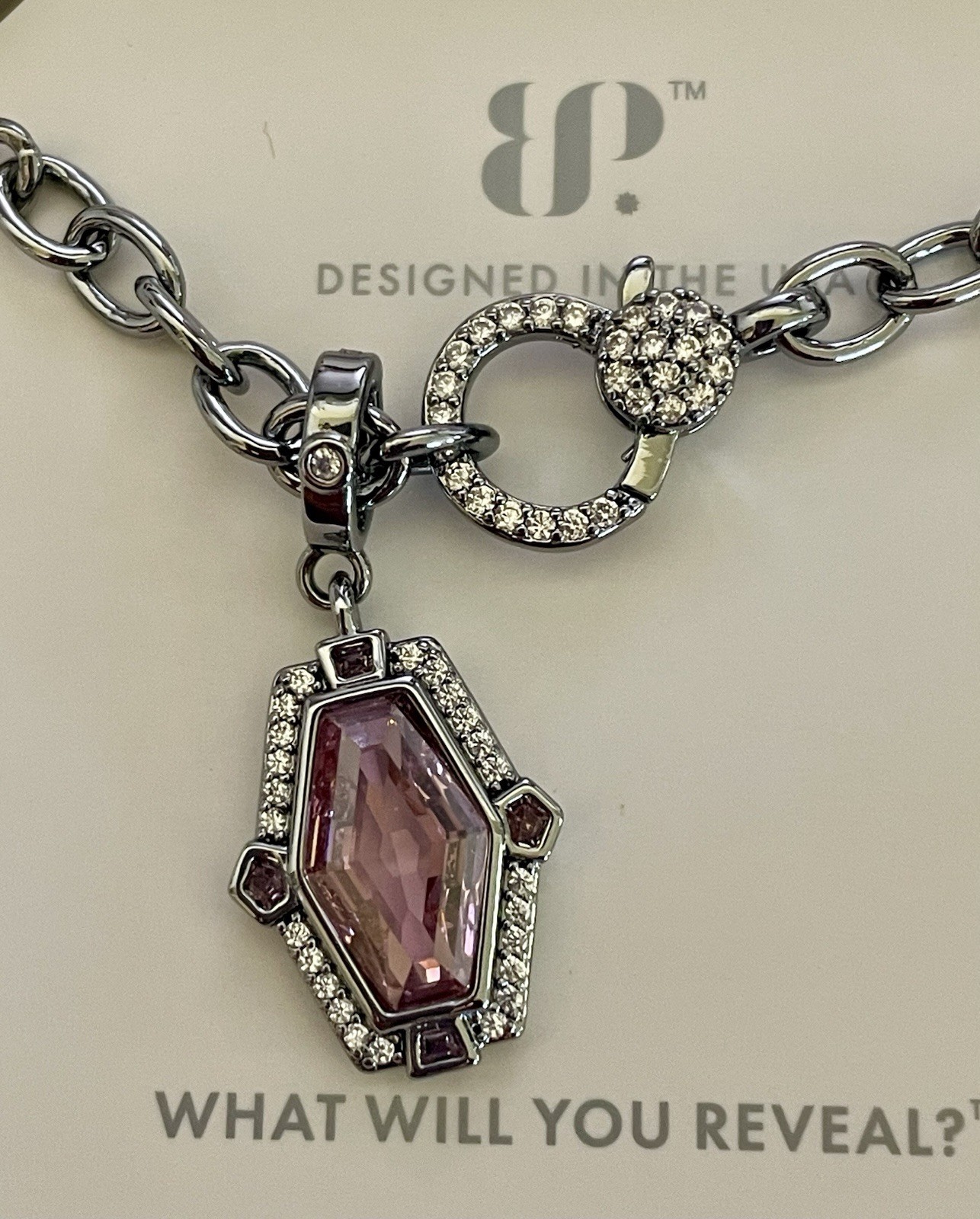 Bomb Party Necklace “Regal Attitude” NK86848 Rose Quartz CZ Hematite Plated