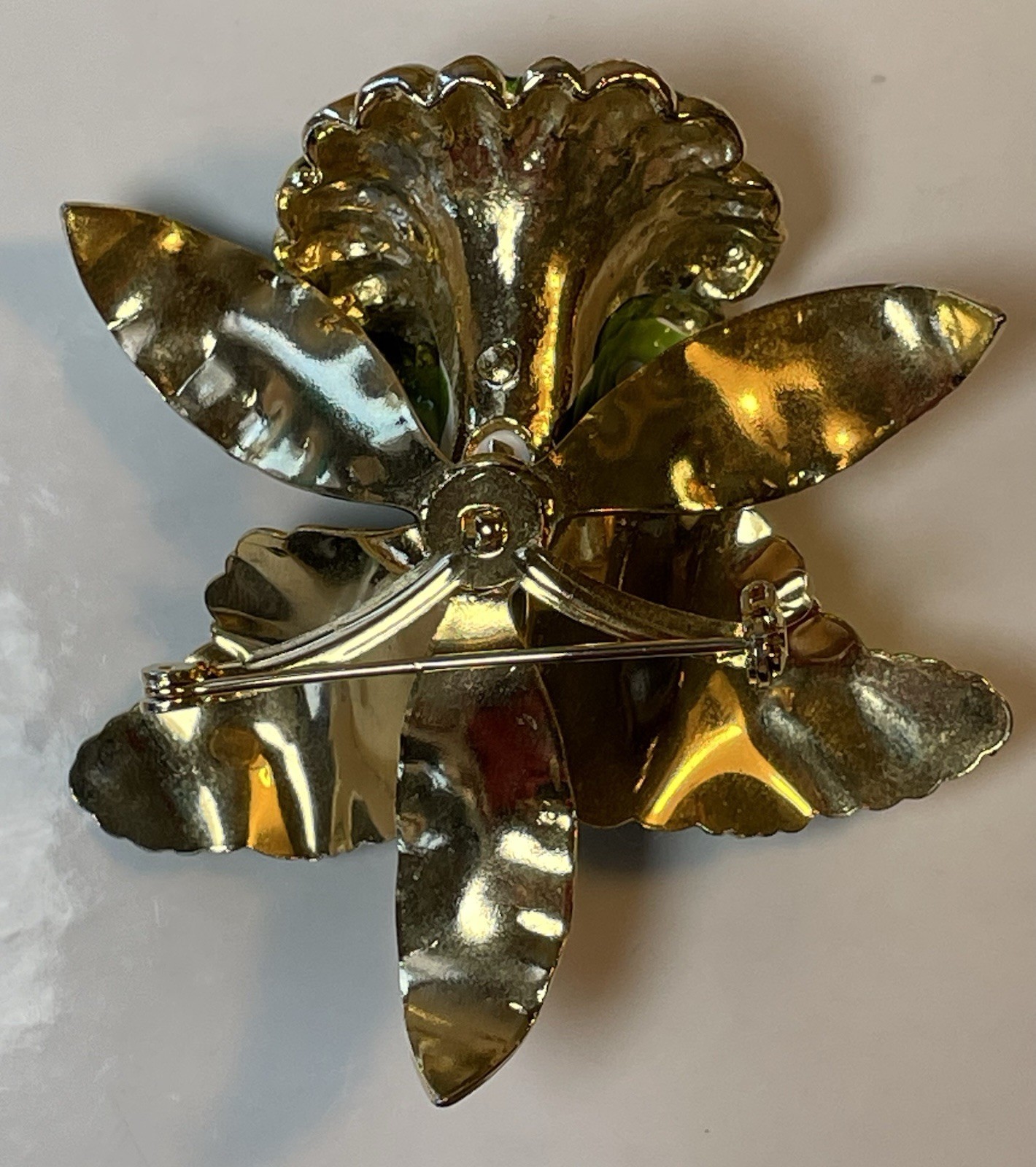 Green Enamel Lily Flower Brooch Gold Rimmed and Gold Tone Metal Pin Closure
