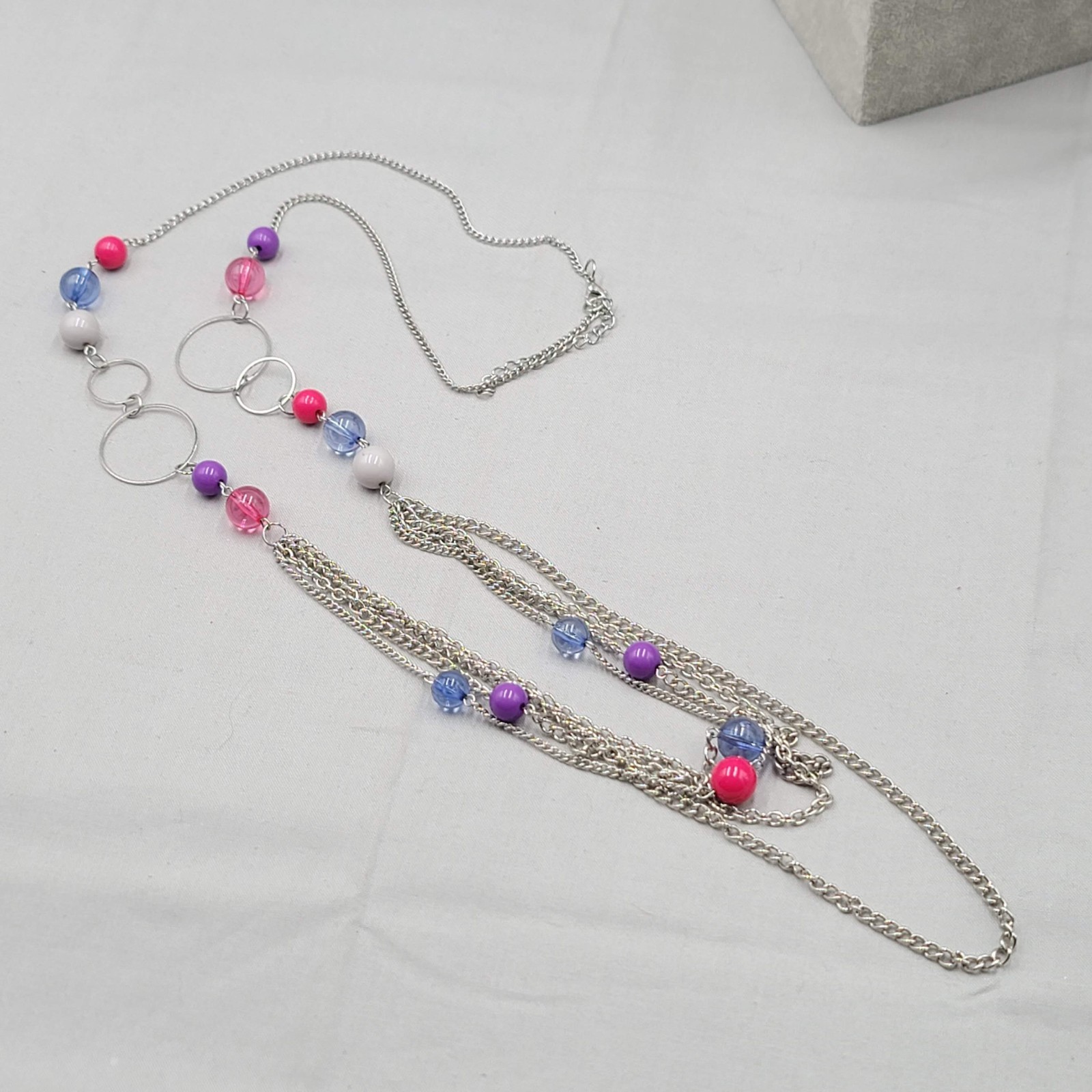 Purple Pink Blue Bead Layered Necklace Silver tone 30 in Long