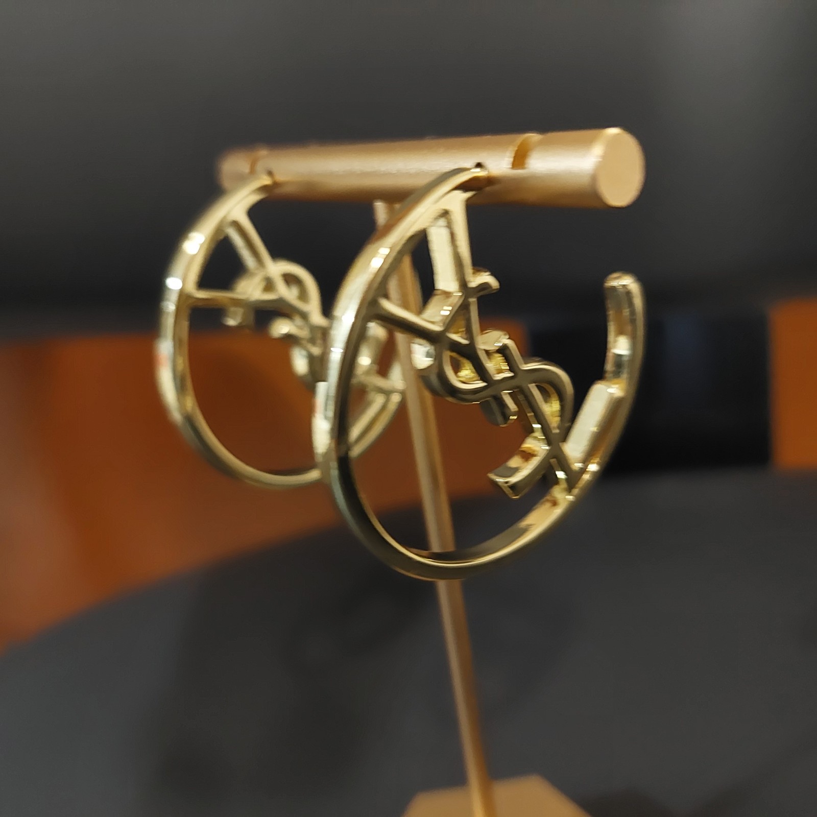 Auth. YVES SAINT LAURENT YSL LOGO Large HOOP EARRINGS Gold Tone