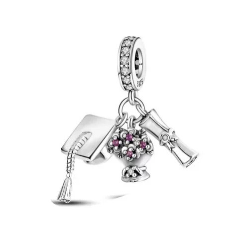 GRADUATION CAP DIPLOMA CZ STERLING SILVER CHARM BRACELET PENDANT BEAD & POUCH!