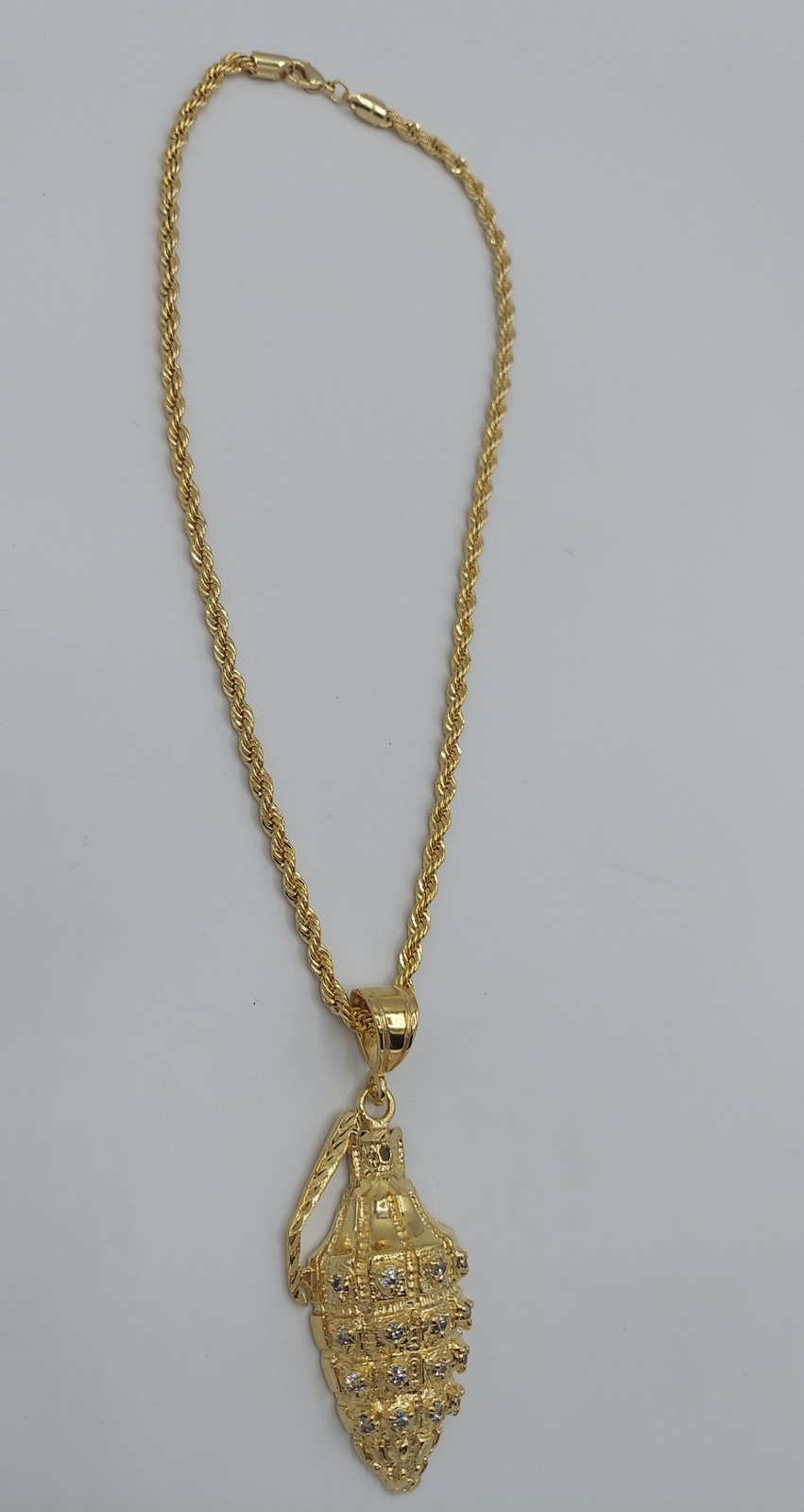 14KT GOLD EP GRENADE W/ CLEAR CZ BLING PENDANT CHARM & 20″ 4MM ROPE CHAIN- 9255