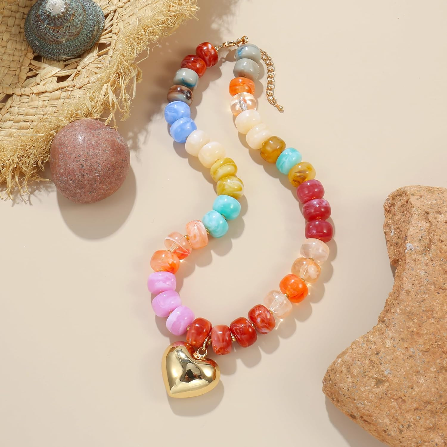 Chunky Heart Necklace for Women, Colorful Acrylic Beaded Statement Puff Heart Ne