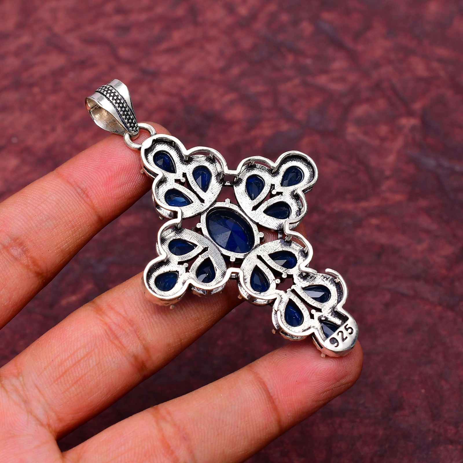 Blue Sapphire Gemstone 925 sterling silver Handmade Cross Pendant jewelry 2.75″
