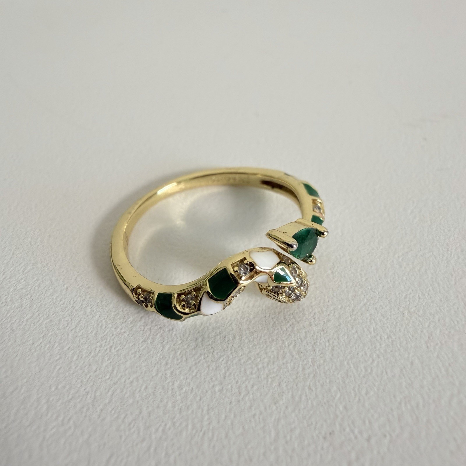 Green & Cubic Z Coiled Snake Serpent Open Bypass Cuff Ring Sz 7 Adjustable