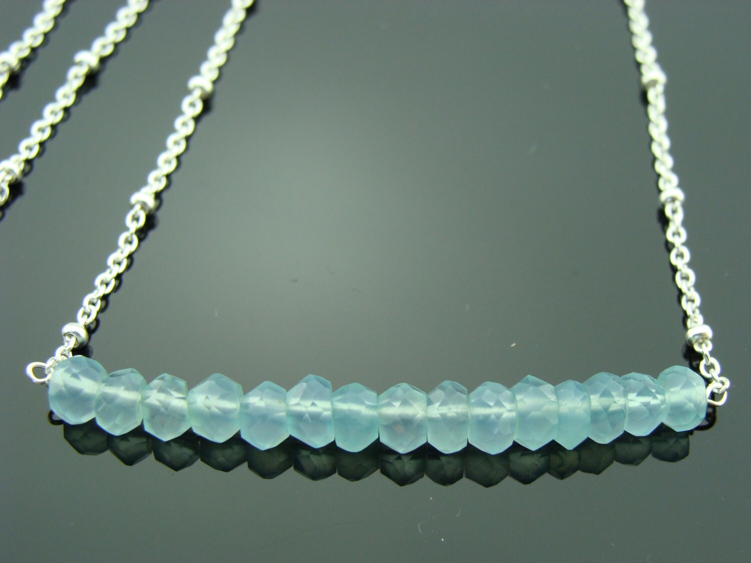 Aqua Blue Chalcedony Bar Necklace · 925 Sterling Silver Horizontal Gemstone
