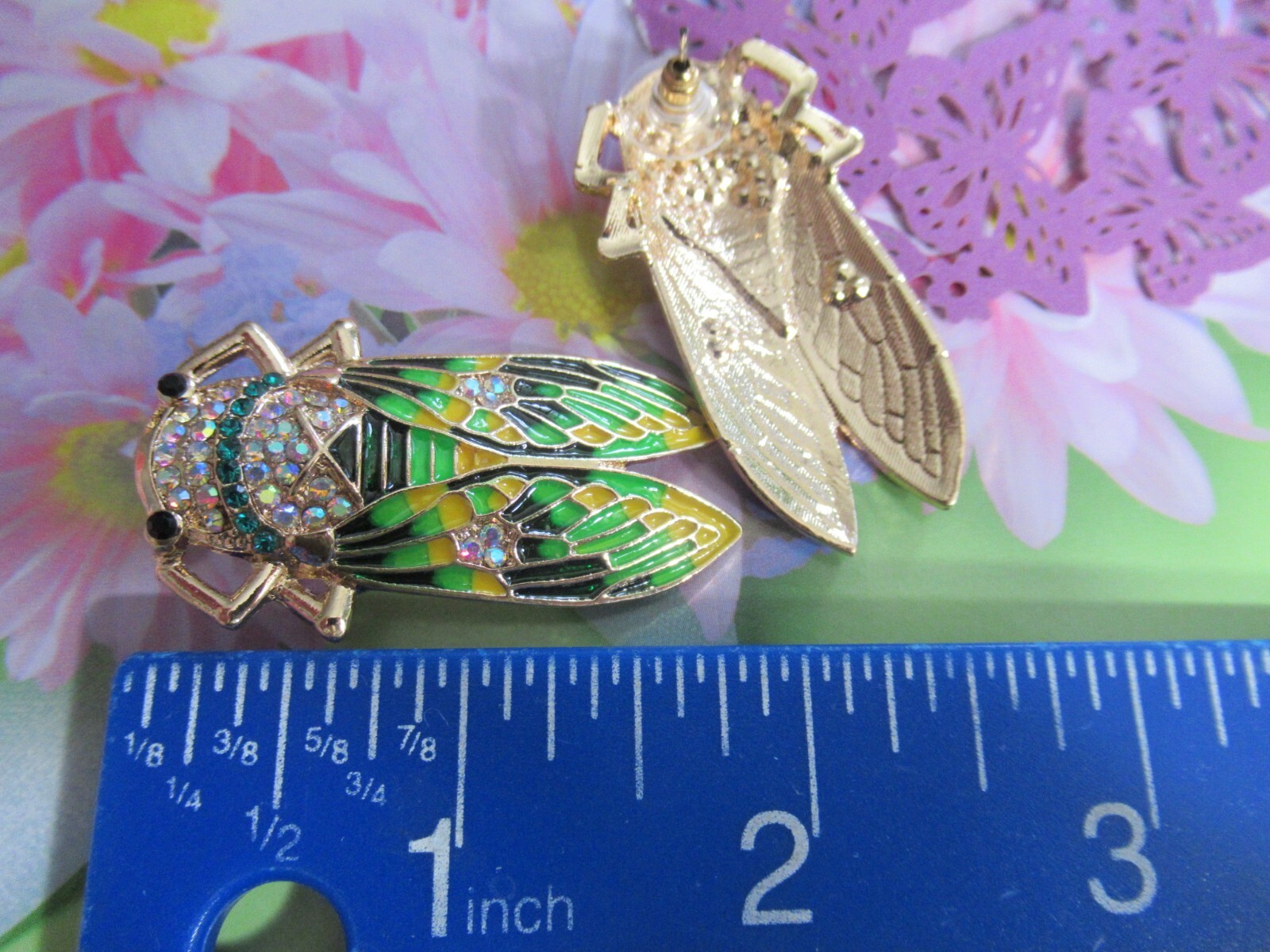 GOLD GREEN AND MULTICOLOR Locust Insect Rhinestone STUD Earrings-NEW