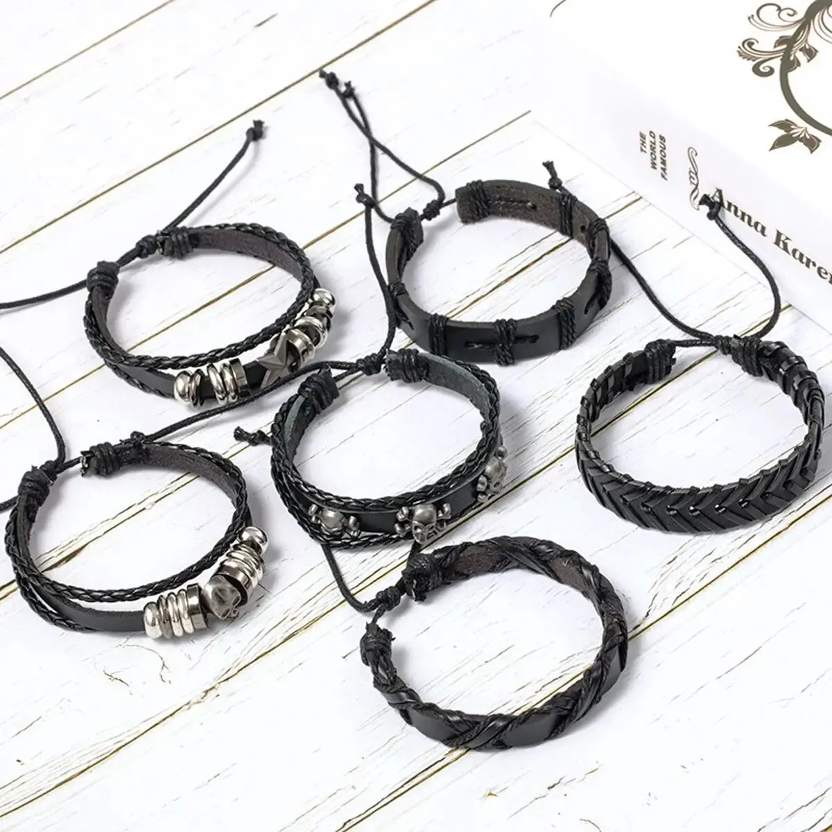 6pcs/Set Black Punk Skull Star Shaped Alloy Pu Leather Bracelet Punk Hip Pop