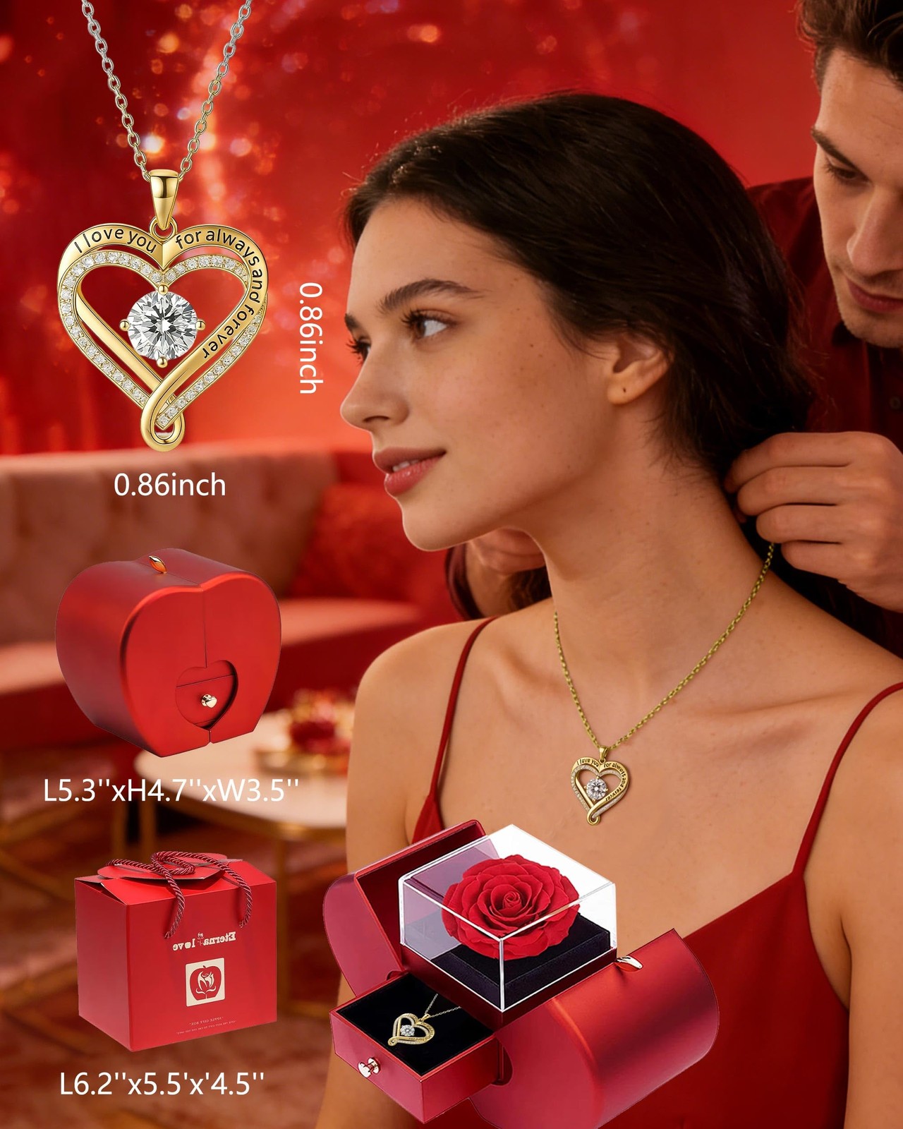 ziella Preserved Flowers Rose Box with Double Heart Necklace, Eternal Rose Gifts