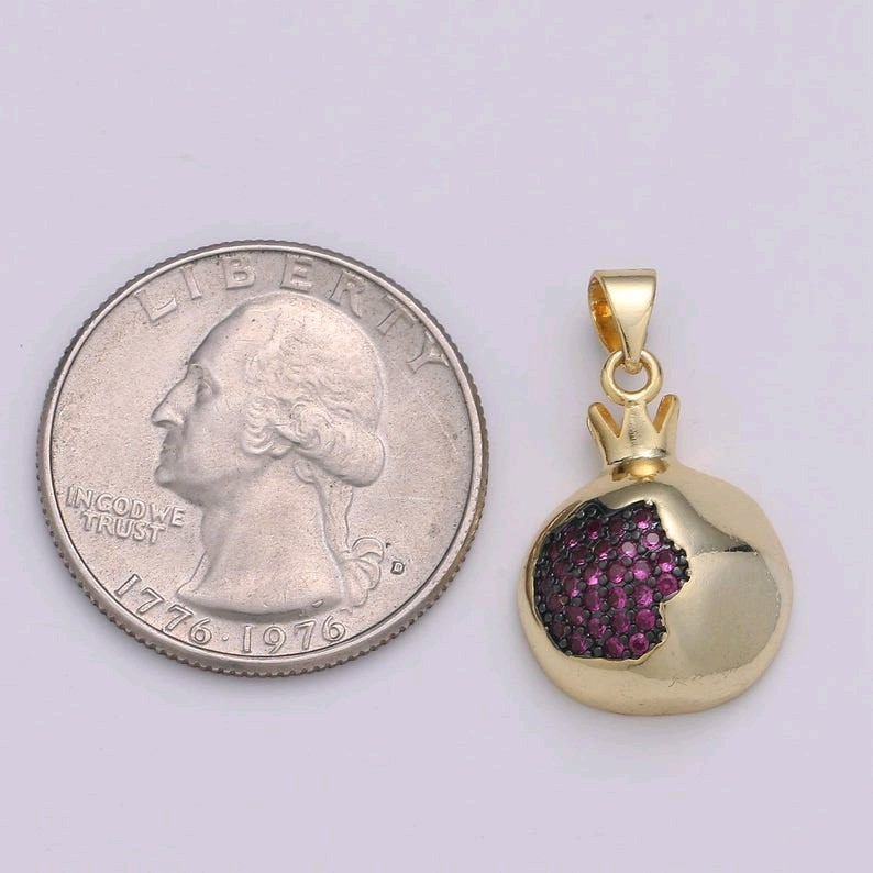 24k Gold Filled Pomegranate Fruit Charm, Purple Seed and Green Leaf Dainty Penda