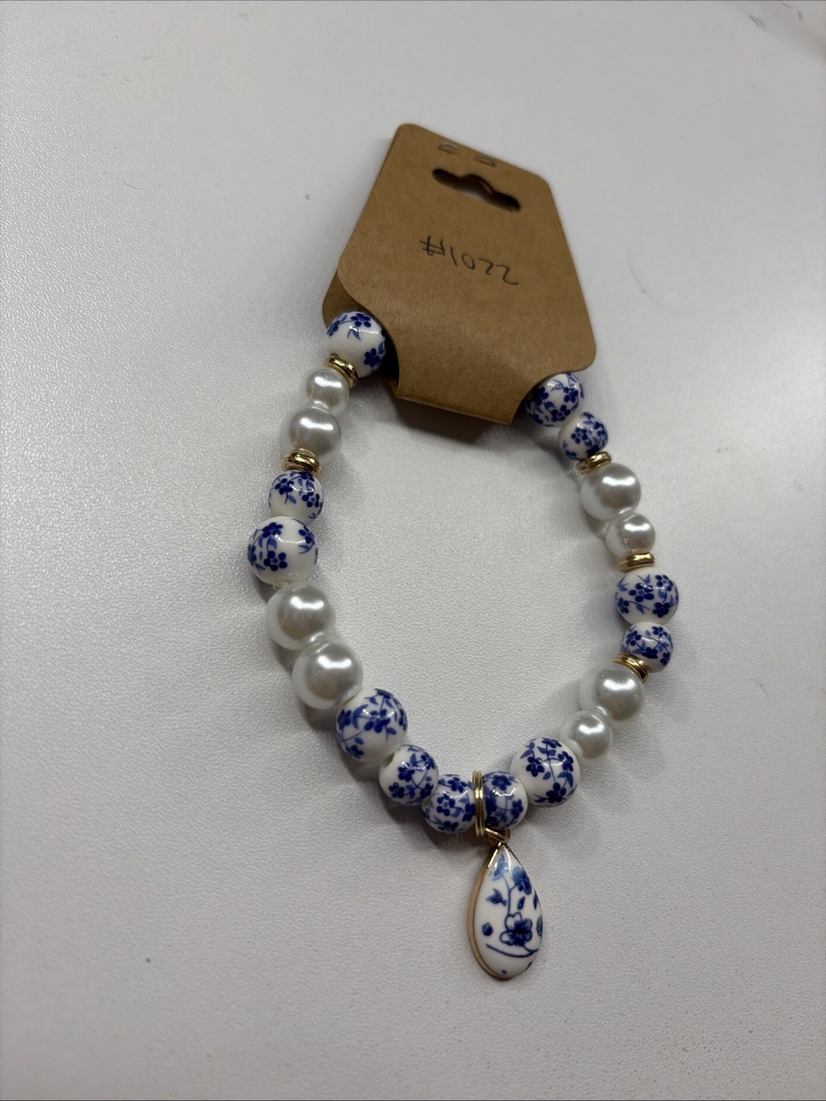 Blue China Themed Beaded Bracelets With Faux Pearls Stretchy