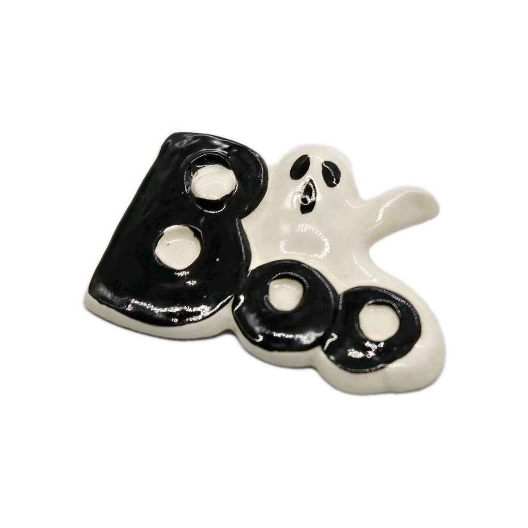 GHOST Brooch Black And White Ceramic Enamel Halloween BOO Artisan 2 in