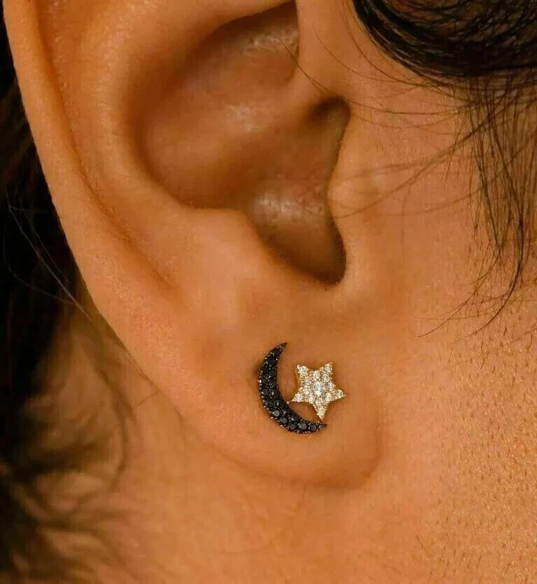 2Ct Round Simulated Black Diamond Moon Star Stud Earring 14K Yellow Gold Plated