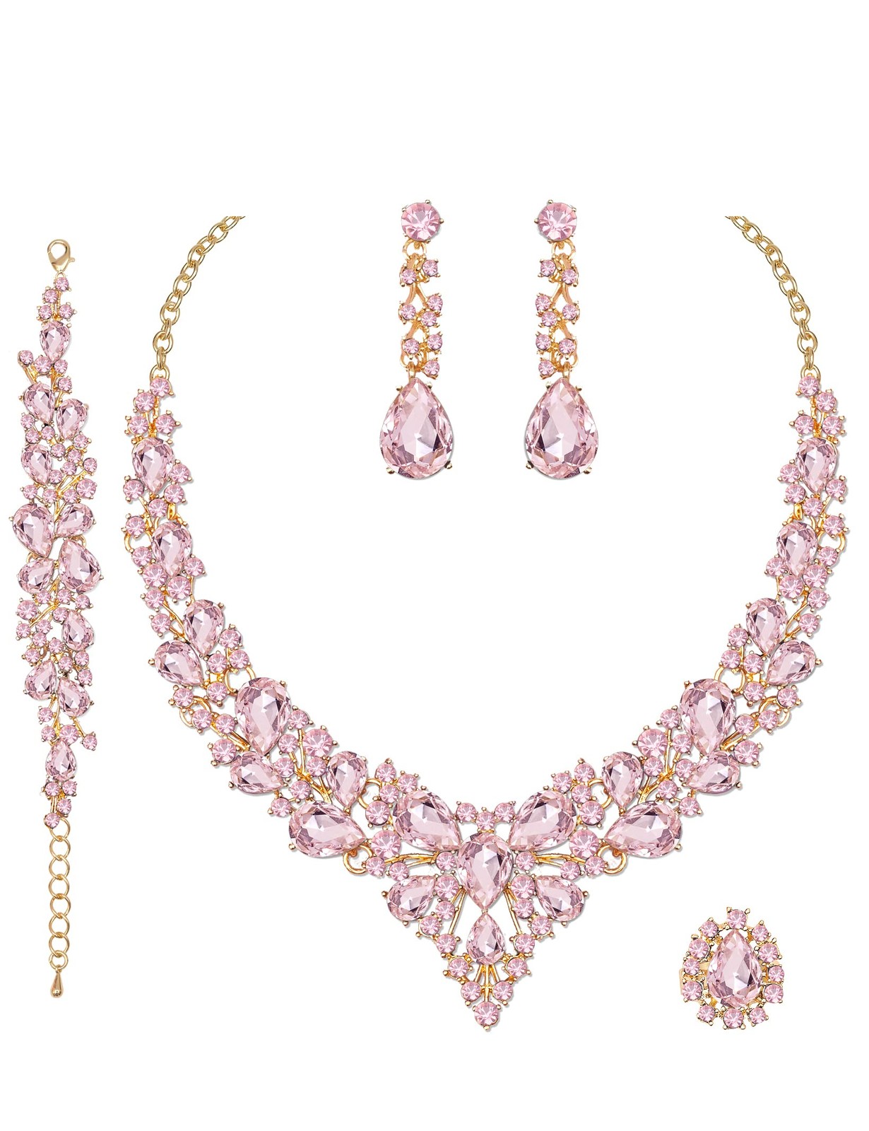 4 Pcs/Set Austrian Crystal Necklace Earrings Bracelet Ring Bridal Jewelry Set…