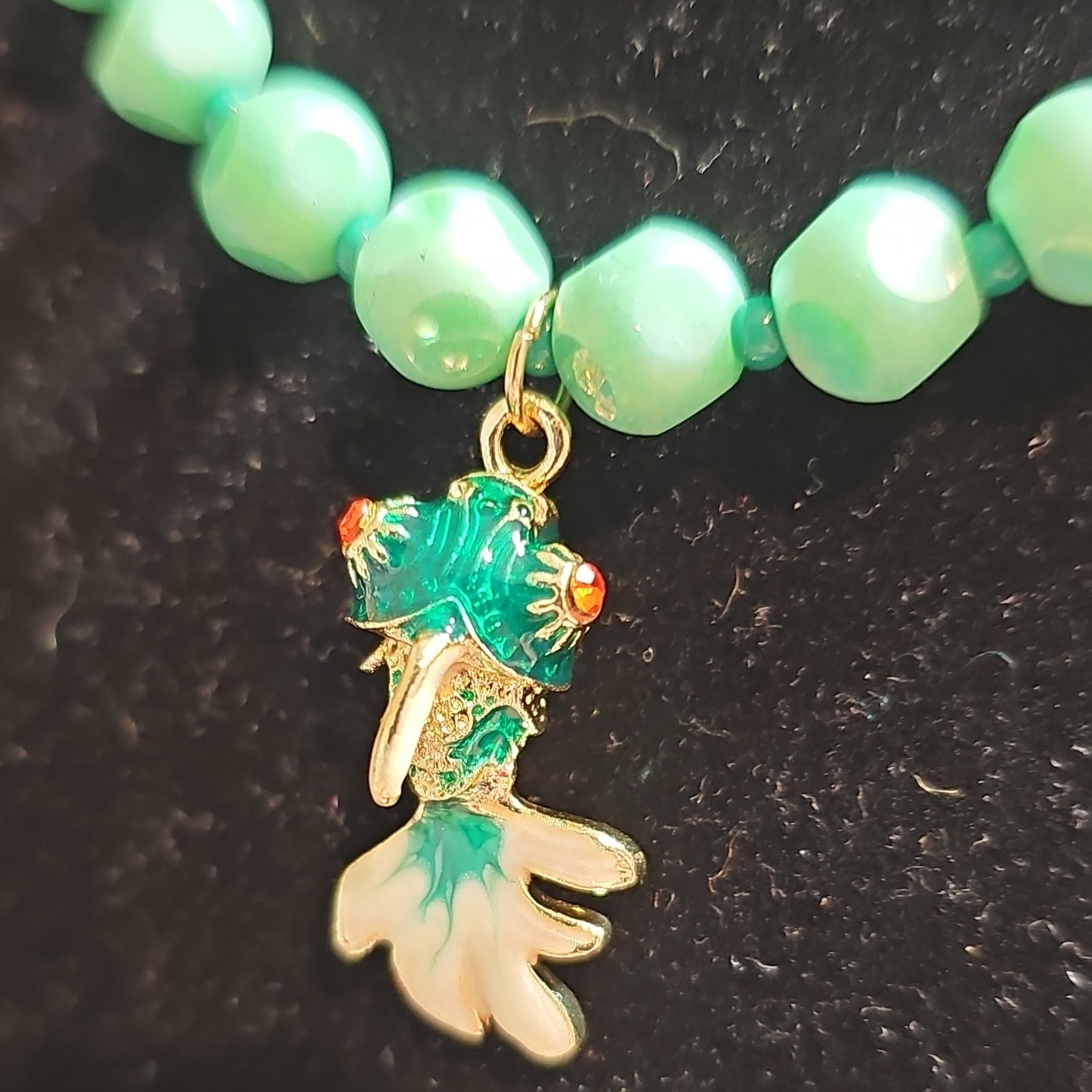Handcrafted Green Glass Necklace W Enamel Koi Goldfish Charm Lobster Clasp