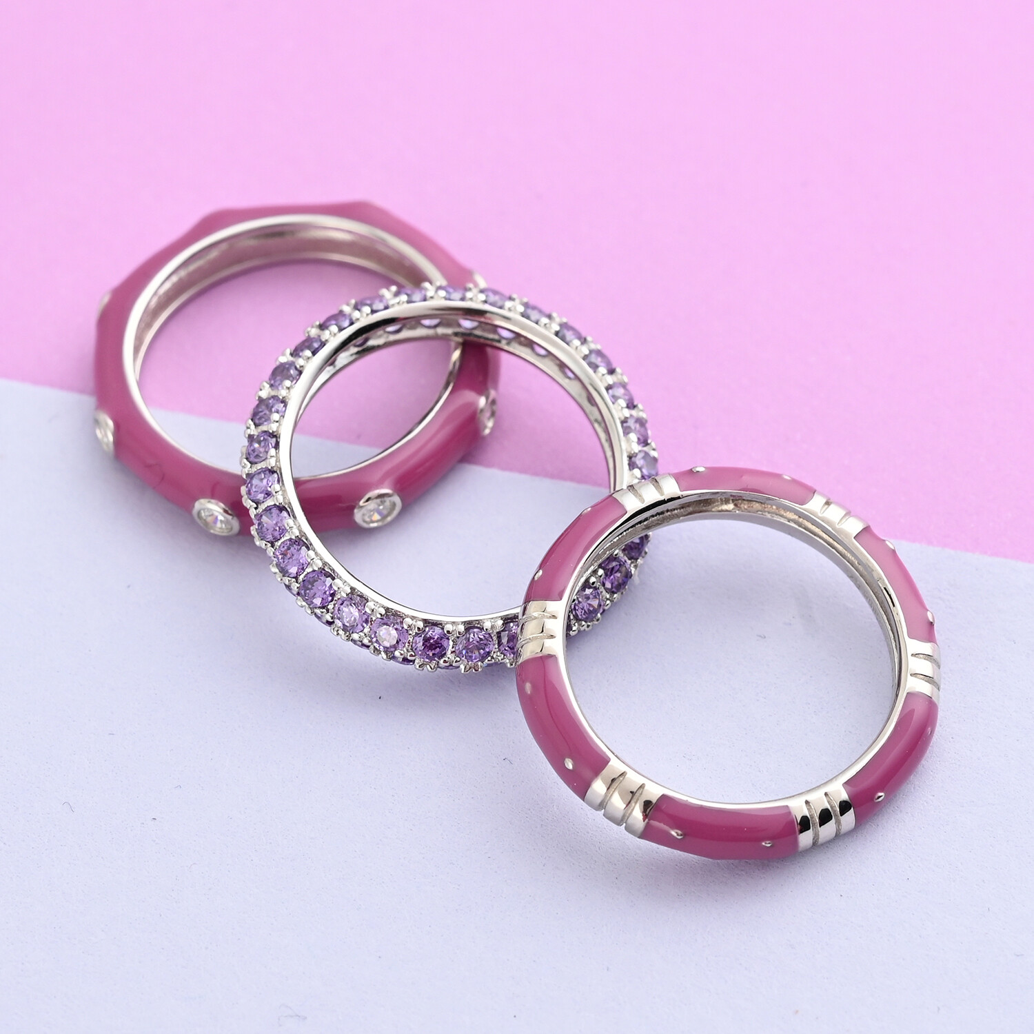 Set of 3 CZ and Lilac Enameled Band Ring Rhodium Plated 7.80ctw Size 5