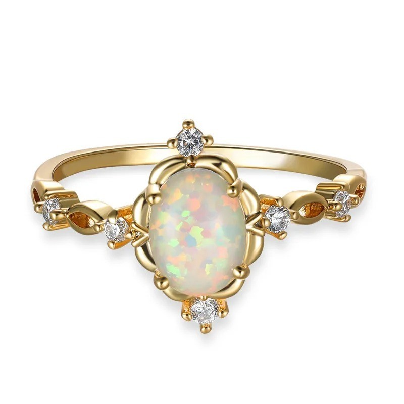 Gold Silver Color Opal Oval Stone Engagement Ring Crystal Wedding Band Women