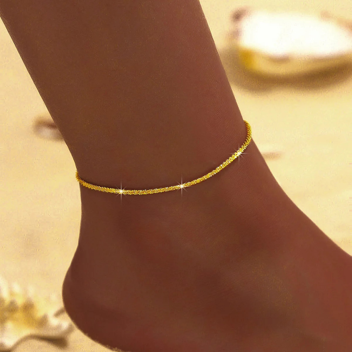LATS Shiny Sparkling Simple Anklet for Women Gold Silver Color Elegant Jewelry F